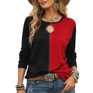 Vintage 90s Dino Black Red Colorblock Sweater Cutout Long Sleeve Knit Top Medium